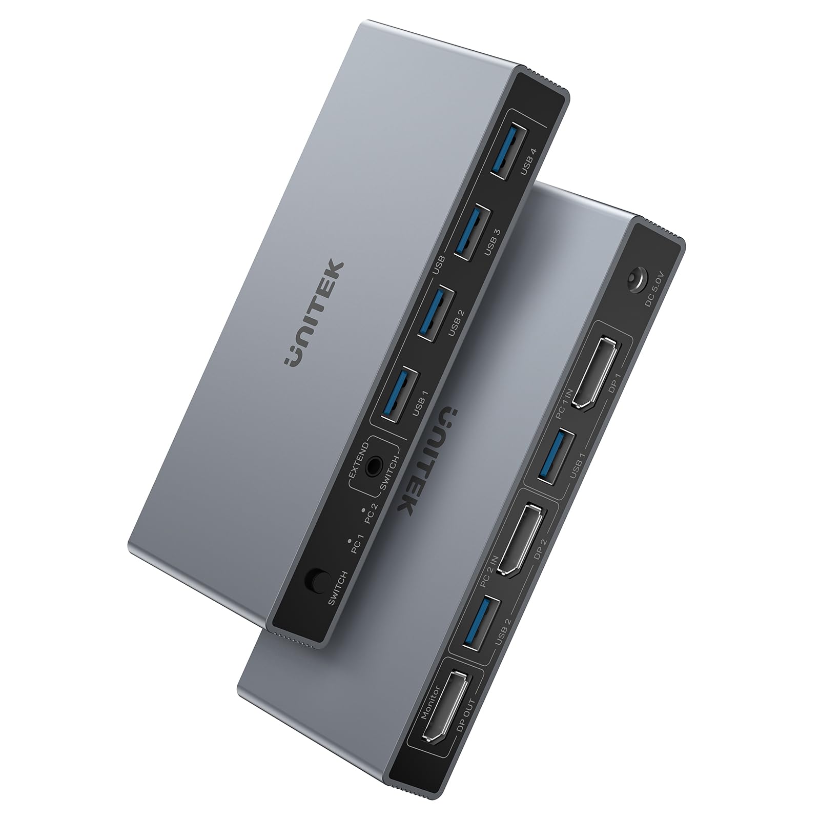Unitek DP KVM Switch 1 Monitor 2 Computers USB 3.0 8K@60Hz KVM Switches 4 Ports for 2 Computers Sharing Monitor Keyboard Mouse Hard Drives 5Gbps 2 USB A Cable DC5V Adapter and Desktop Controller
