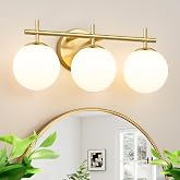 3-Light Bathroom Light Fixtures, Brushed Gold Vanity Lights for Bathroom with Milky White Glass Globe Shade, 19.3 inch Bathro
