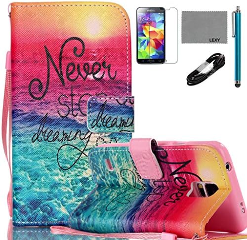 Samsung Galaxy S5 Mini Case, LEXY PU Leather Case with Credit ID Cards Holders &amp; Stand for Samsung Galaxy S5 Mini with 9H Glass Screen Protector, V8 USB Cable and Stylus (Never Stop Dream)