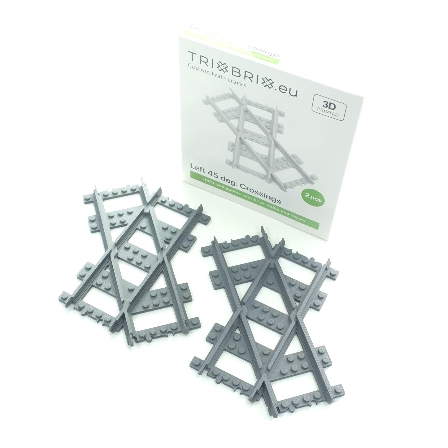 Trixbrix Crossings, 2pcs 45 deg. Left, Standard Gauge, Compatible with Lego City Train Sets 60197 60198 10277 60205 60238