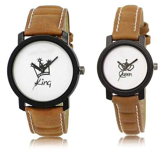 Leather Strap Analogue Black Dial King and Queen Couple's Watch - Pack of 2