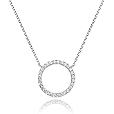 Rhodium Plated Paved Circle Pendant Sterling Silver Necklace for Women