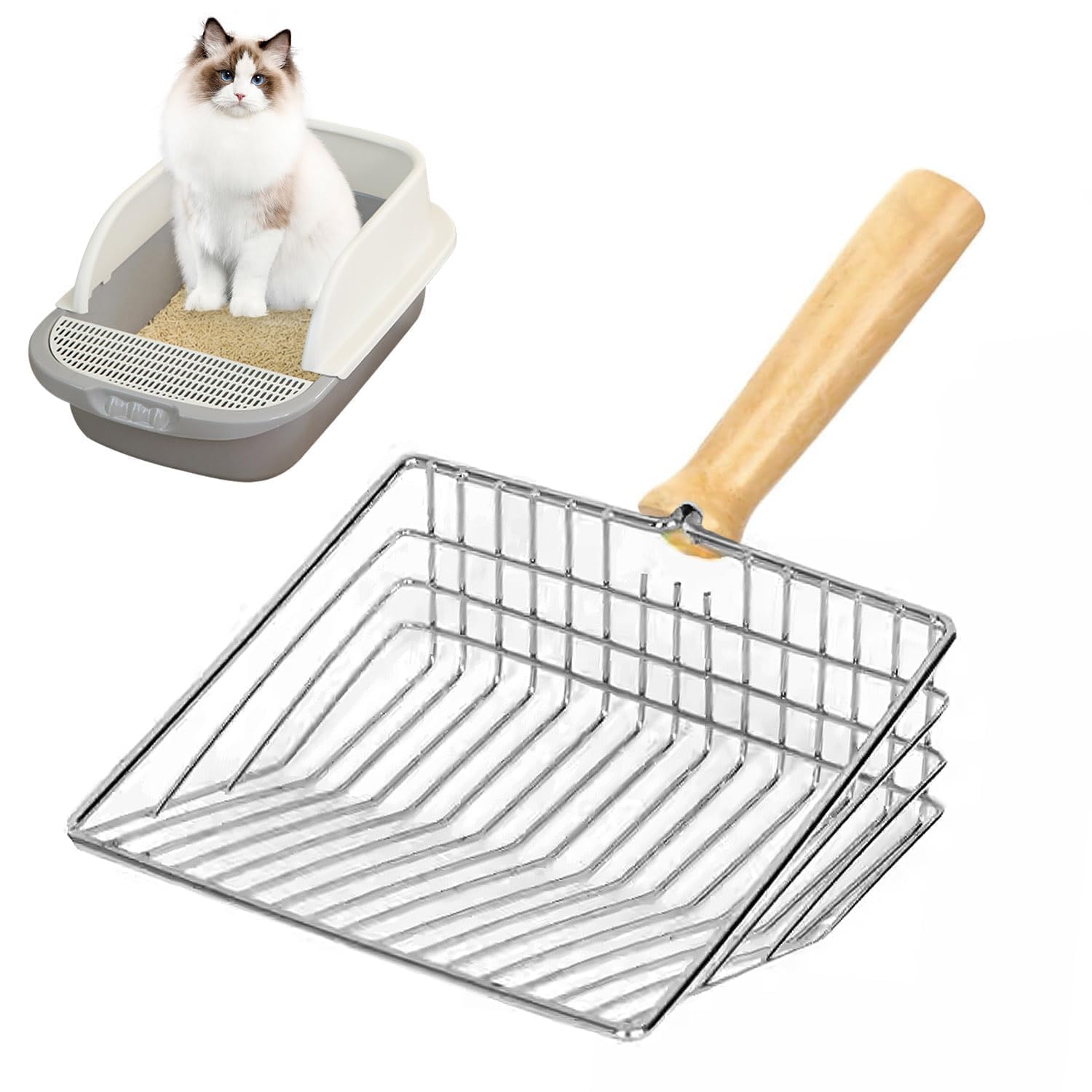 Ricofot Cat Litter Scoop, 28 x 14.5 x 5.5 cm Cat Litter Scoop, Stainless Steel Litter Scoop Wooden Handle Suitable for Cleaning Litter Boxes for Cats of Different Sizes