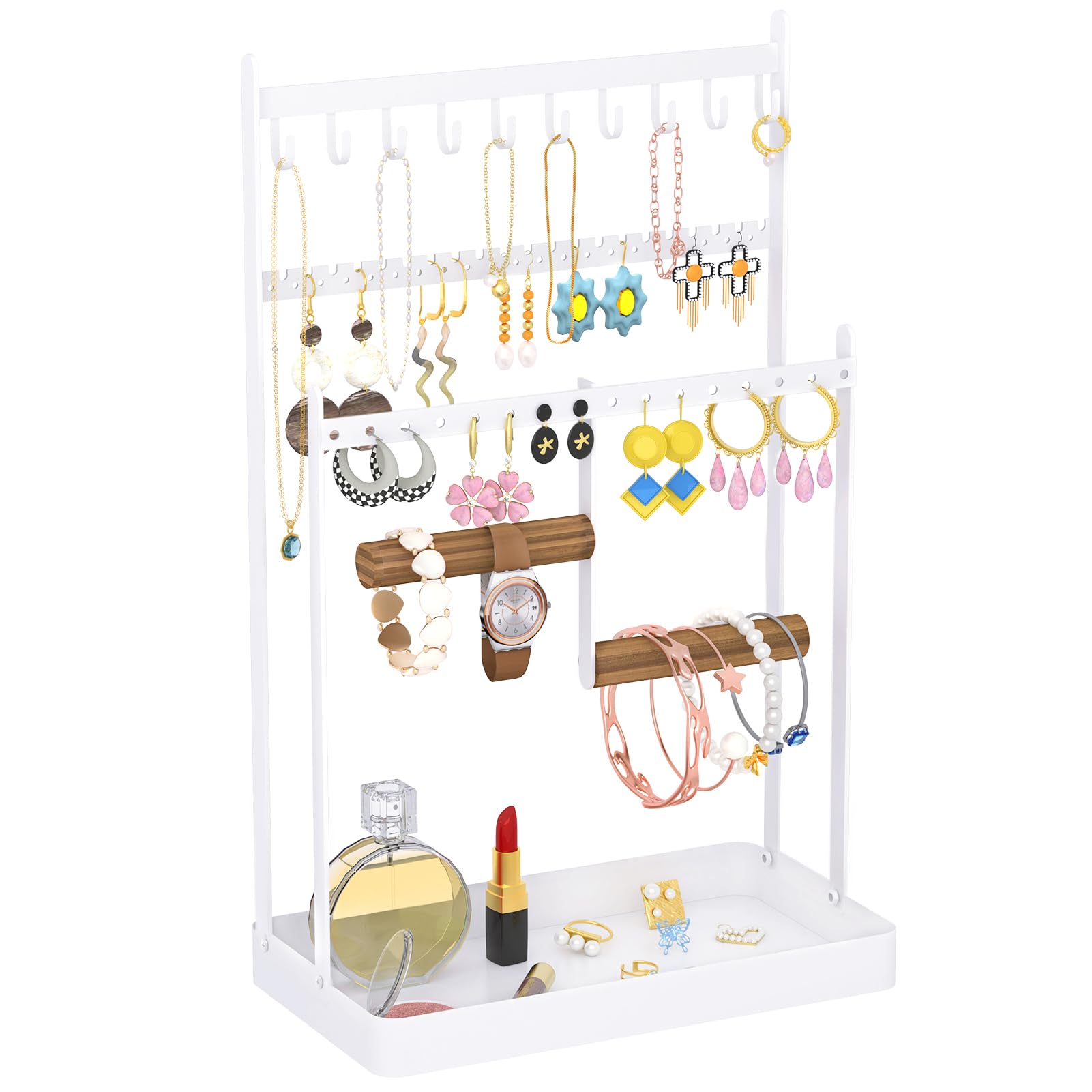 WELDUN Jewellery Stand Organiser, Earring Organiser Necklace Holder, Jewellery Display Stand Holder with Metal Frame, Gift Idea, White