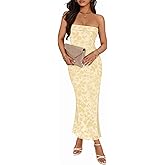 MEROKEETY Women's 2026 Summer Floral Strapless Dress Bodycon Tube Slit Mesh Wedding Guest Cocktail Party Maxi Dresses