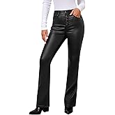 GRAPENT Flare Pants for Women High Wasited Stretchy Faux Leather Look Button Fly Jeans Trendy Bell Bottom Trousers