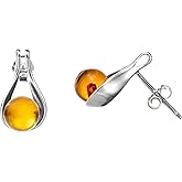 Genuine Baltic Amber Boots Stud Ball Earrings for Women in Sterling Silver, Rich Cognac Color