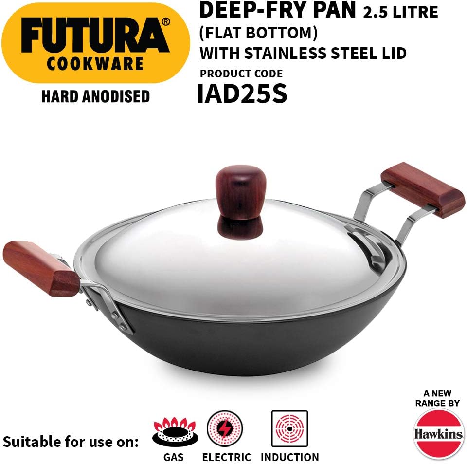 Futura IL23 Induction Compatible Hard Anodised Flat Bottom Deep Fry Pan / Kadhai with Steel Lid, 2.5 Liter