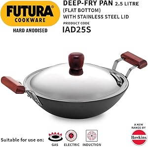 Futura IL23 Induction Compatible Hard Anodised Flat Bottom Deep Fry Pan / Kadhai with Steel Lid, 2.5 Liter