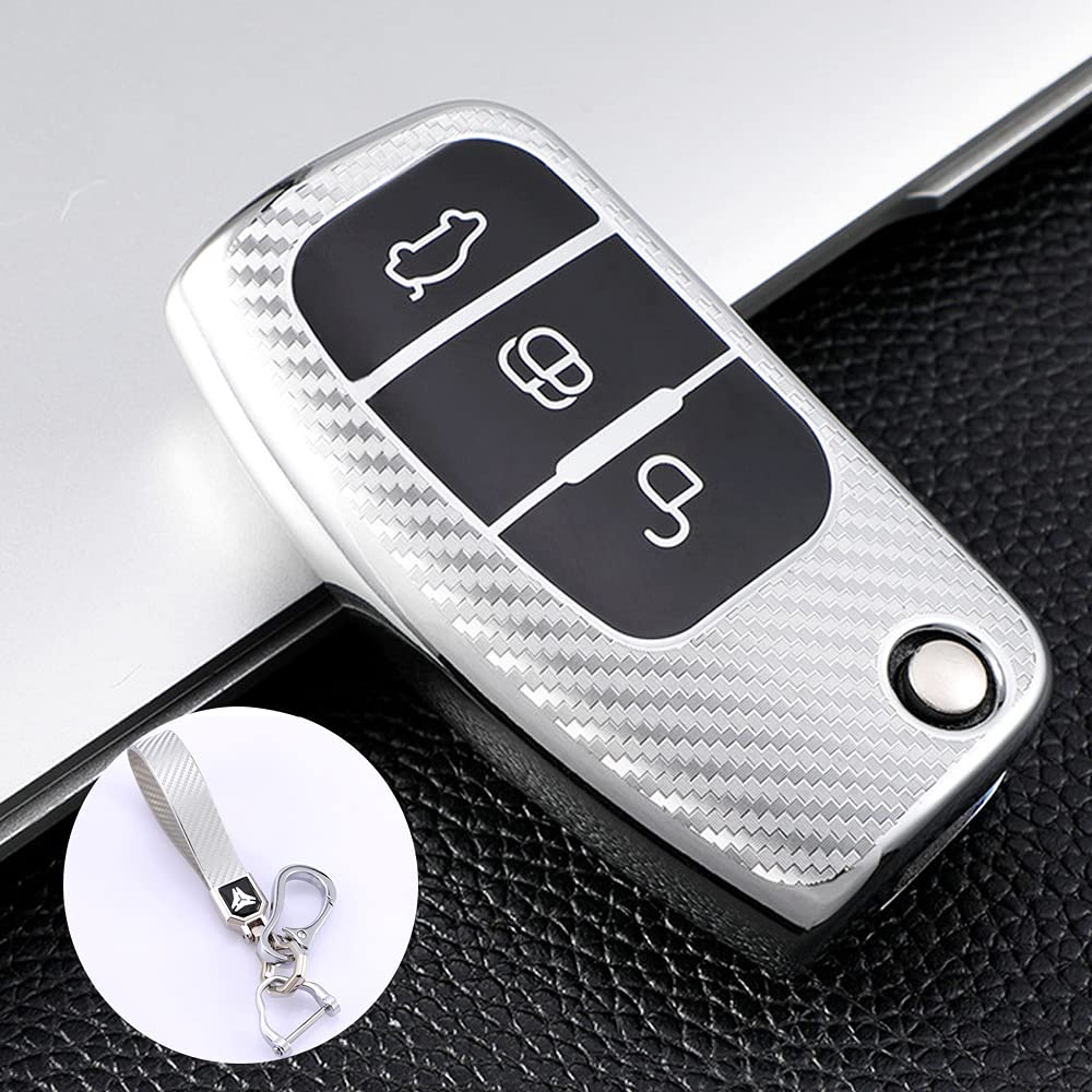 RYE Carbon Fibre Pattern TPU Cover for Ford Key Fob,3 Buttons Flip Folding Key Case with Leather Keychain,Compatible with Ford Fiesta/Focus/Galaxy/Fusion/Mondeo/Kuga-Silver