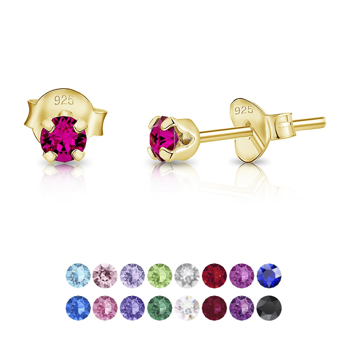 Small Solitaire Stud Earrings 925 Sterling Silver Gold Plated 24K - Tiny Gold Studs 3 mm - Minimalist Sparkle Stud Earrings with Fuchsia Crystal
