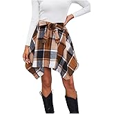 MakeMeChic Women's Plaid Flannel Mini Skirt Bow Tie Front Elastic High Waisted Asymmetrical Fall Winter Skirts