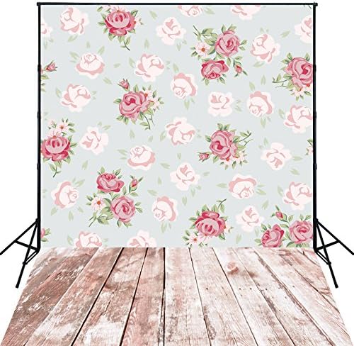 5X7ft Floral Wallpaper with pink wood floor Newborns Photography Background XT-3604