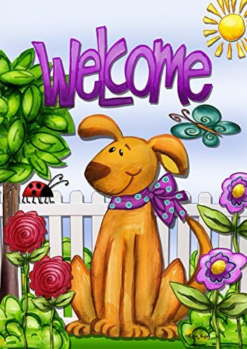 Welcome Dog Spring Garden Flag Cute Pets Flowers Butterfly Puppy 12.5"x18"