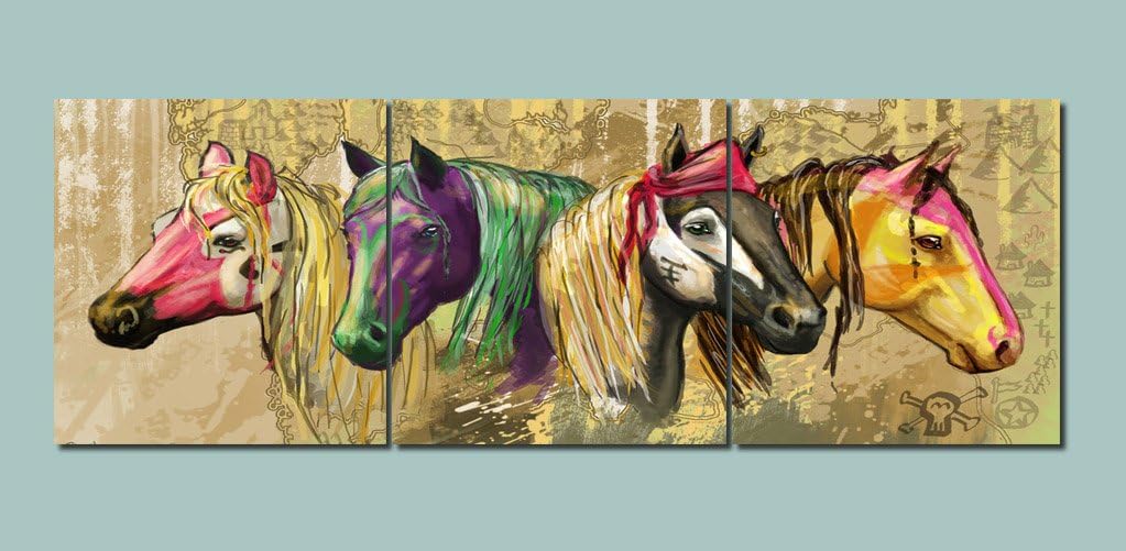 HVEST Horse Canvas Wall Art-Animal Artwork Colorful Tribal Horses Picture Prints Vintage Painting for Bedroom Living Room Bathroom Office Wall Decor,16x16 inches/Piece,3 Panels