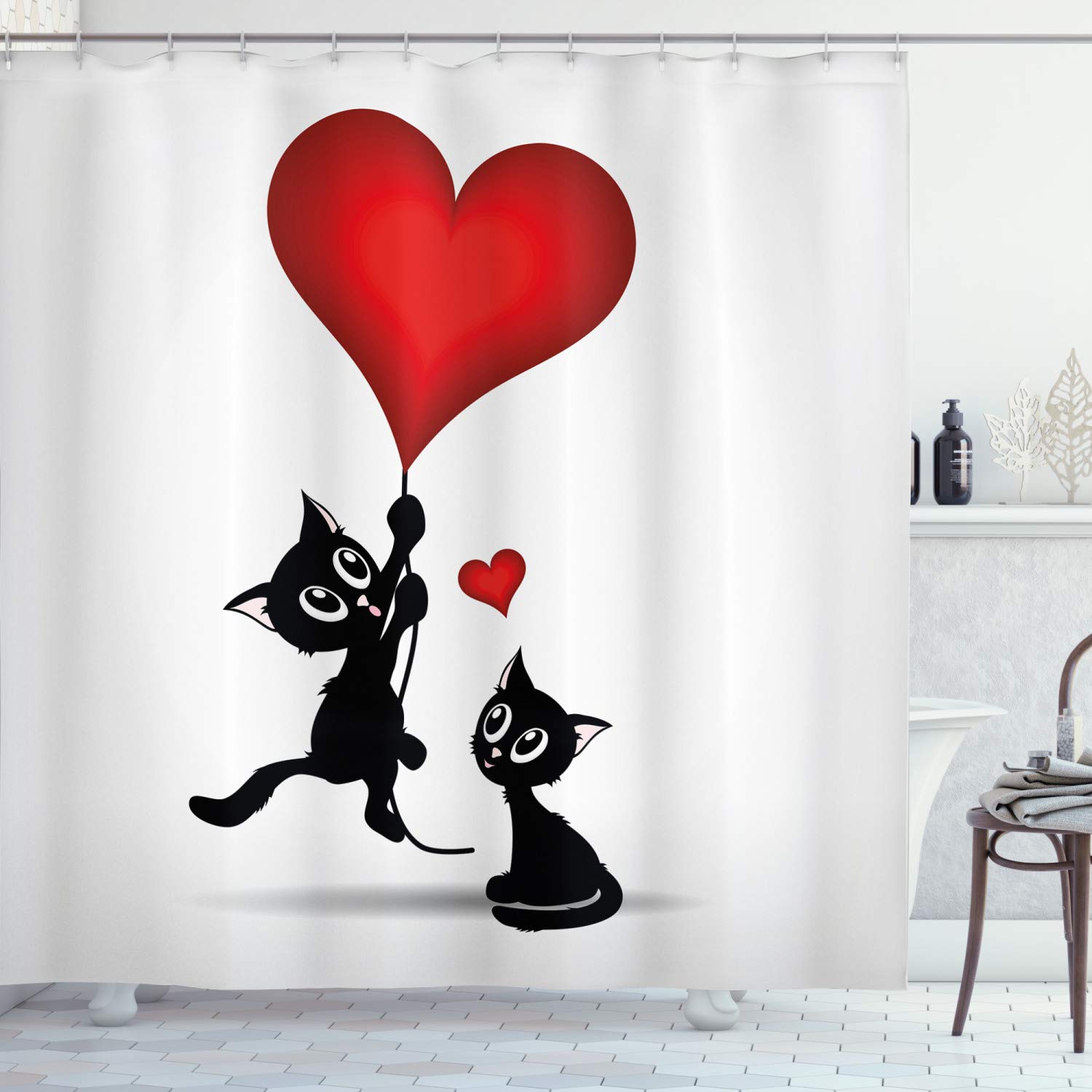 ABAKUHAUS Valentines Day Shower Curtain, Baby Cat Holding Heart Shaped Baloons Romantic Love Themed Illustration, Cloth Fabric Bathroom Decor Set with Hooks, 86 Inches Extra Long, Vermilion Black