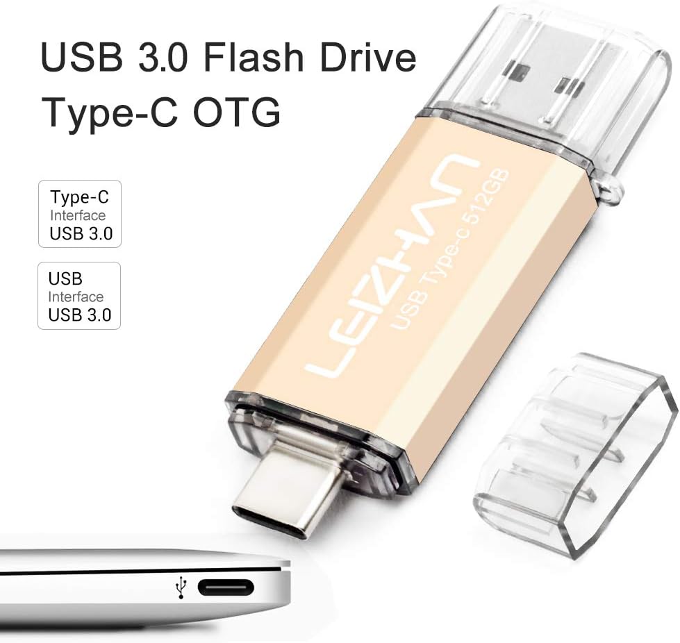 leizhan 512GB USB 3.0 Flash Drive Thumb Drives Jump Drive USB Memory Stick Type-C/USB-A 2 in 1 - Gold, 512Go - Image 3