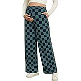 BLENCOT Womens Casual Checkered Pants for Maternity Elastic Waist Wide Leg Pants Grid Pregnant Trousers with Pockets