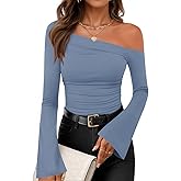 ZESICA Women's Off Shoulder Tops Bell Long Sleeve Shirts 2026 Spring Trendy Going Out Ruched Tight Fitted Y2K Clothes