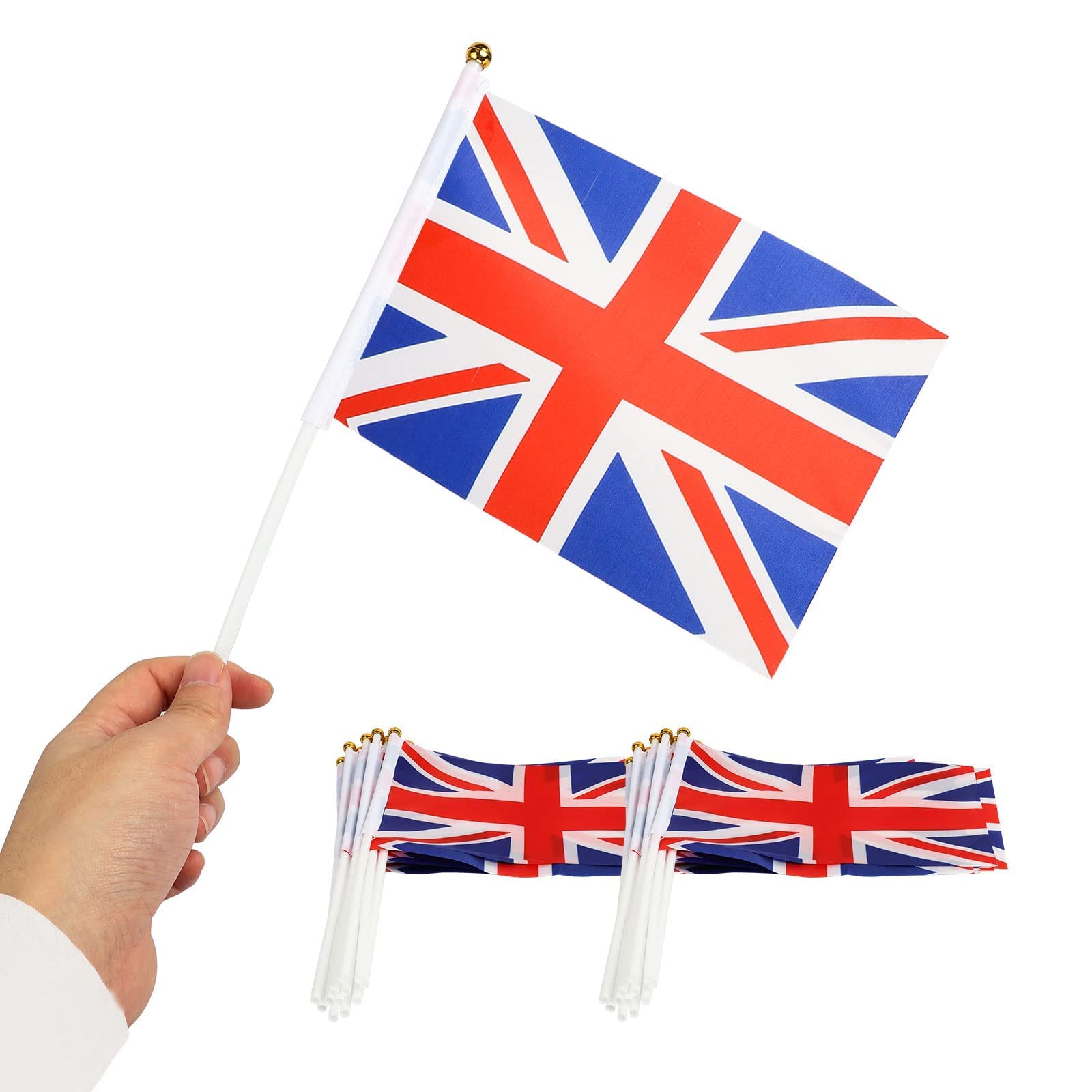 20 Pack Union Jack Flag Small, Hand Held Union Jack Flags on Sticks Mini English Stick Flag Polyester for Party Decorations International Festival Events Indoor and Outdoor, 14 × 21 cm