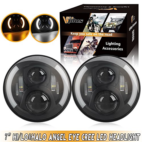 (Pack Of 2)Vplus Jeep Wrangler 110W 7 Inch Round LED Headlights Projector White Halo Ring Angel Eye DRL for Jeep Wrangler Jk Tj Lj Sahara Unlimited Islander Hummer H1 H2
