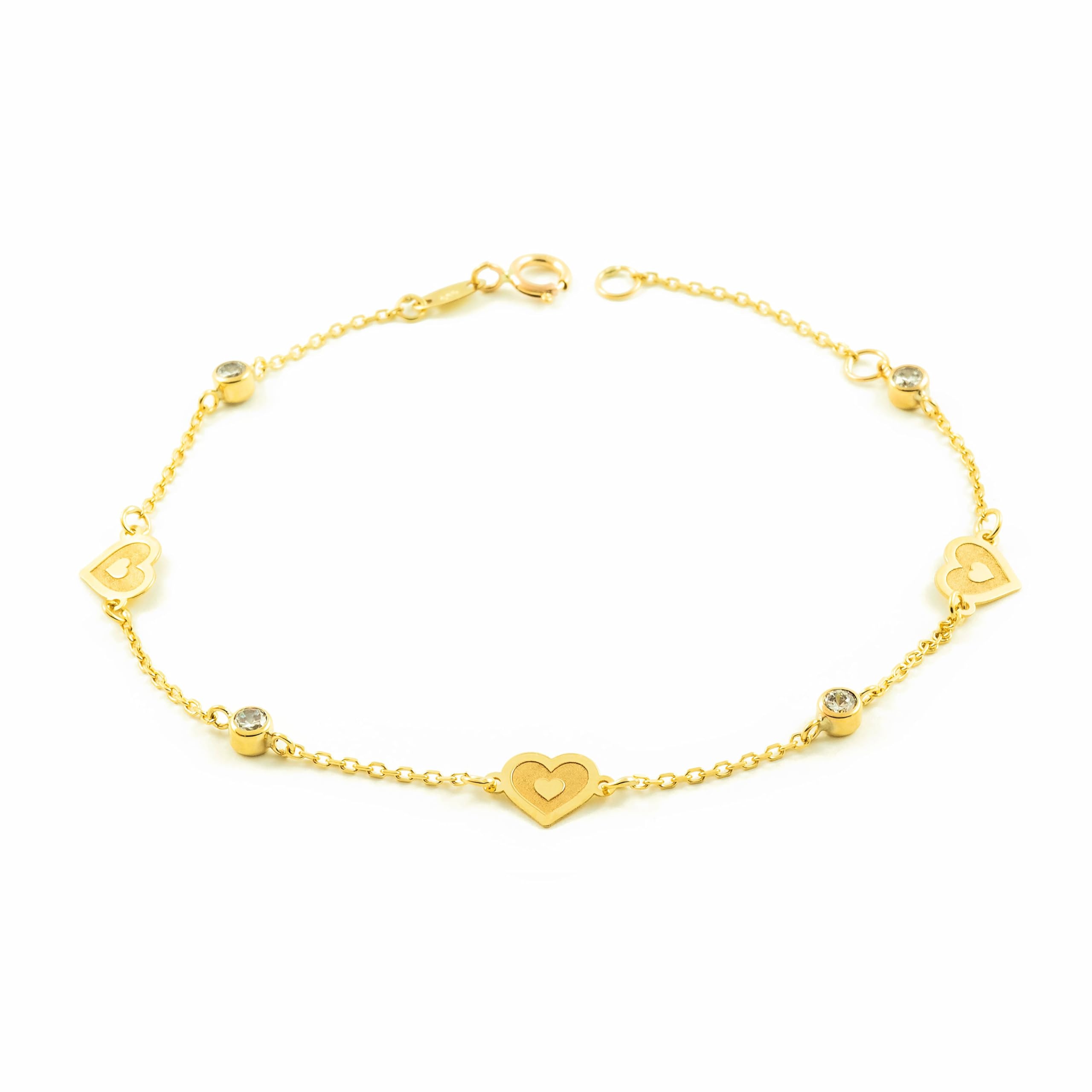 Monde Petit - 9ct Yellow Gold Women's Bracelet Matte and Shiny Cubic Zirconia Hearts 18 cm