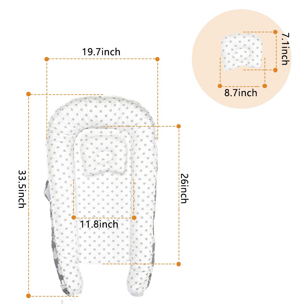 Baby Lounger, Soft Baby Nest, 100% Cotton and Breathable Newborn Lounger, Potable Baby Sleeper with Pillow, Perfect for Newborn Essential Shower Gift, Co-Sleeping&Travelling (Gray): Baby