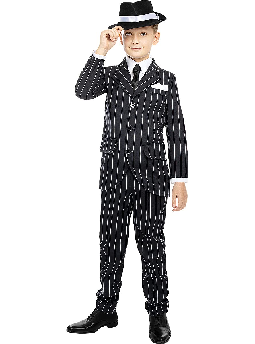 Funidelia | 1920s Gangster Costume in Black for boy 20s, Cabaret, Charleston, Decades - Costumes for kids, accessory fancy dress & props for Halloween, carnival & parties - Size 5-6 years - Black