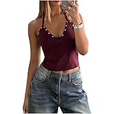 SOLY HUX Women's Y2k Punk Studded Halter Tops V Neck Tie Backless Sleeveless Going Out Cami Crop Top Streetwear