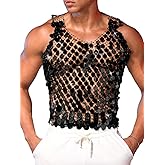 ChiaoLezhee Men's Big Sequin & Rhinestone Mesh Shirt for Rave, Sparkly Reflective Metallic Sexy Tank Top (Fits Chest 30-46")