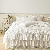 IHOUSTRIY Ruffle Duvet Cover Queen Size,100% Washed Microfiber 3pcs Bedding Duvet Cover Set, Shabby Chic Farmhouse Duvet Cover and Pillow Shams, Zipper Closure & Corner Ties, Easy Care, White - Queen
