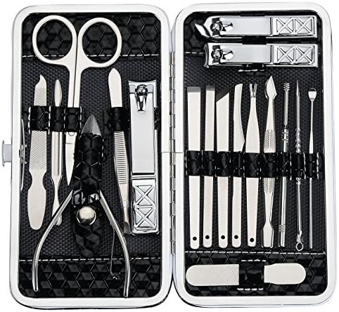 Manicure Set Pedicure Kit Nail Clippers Professional Grooming Tools, Multipurpose Scissor Cutters Knives Tweezer with Luxury Leather Travel Case 18 pieces Utility by Tronsnic (Black)