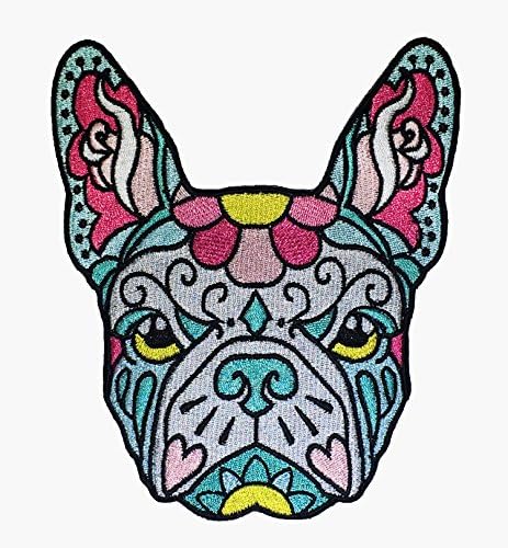 French Bulldog Pink Teal Sugar Skull Tattoo Sew On Embroidered Patch