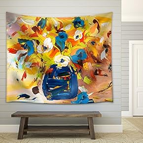 Original Oil Painting of Beautiful Vase or Bowl of Fresh Flowers. on Canvas - Fabric Wall Tapestry Home Decor - 51x60 inches