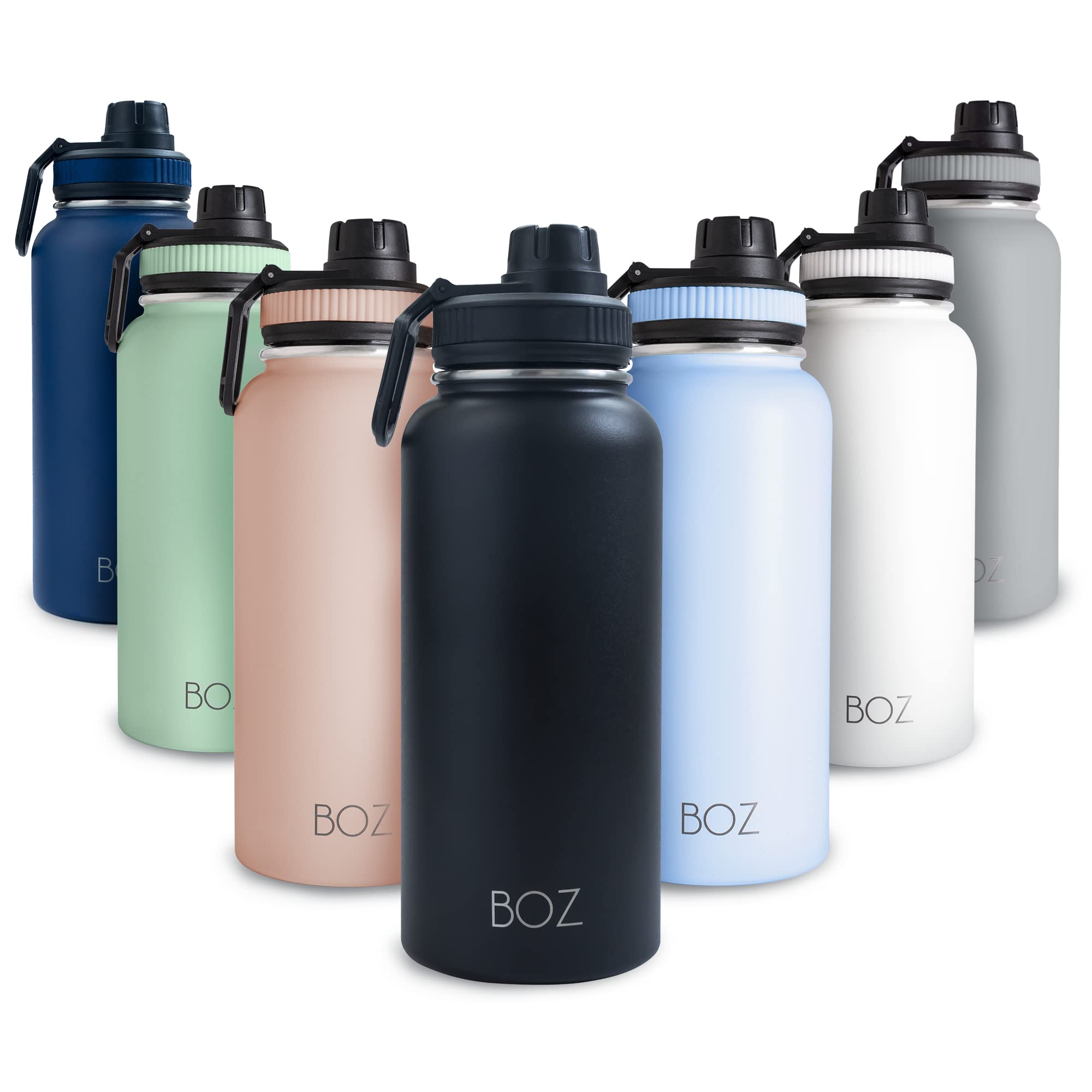 BOZ 1L Matte Black Stainless Steel Water Bottle, 32 oz, Double Wall Vacuum Insulated, Wide Mouth, Leakproof Spout, Gym Bottle