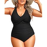 Daci Plus Size One Piece Swimsuit - Tummy Control Bathing Suit for Women V Neck Retro Twist Front Full Coverage Swimwear