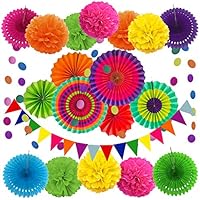 ZERODECO Party Decoration, 21 Pcs Multi-color Hanging Paper Fans, Pom Poms Flowers, Garlands String Polka Dot and Triangle Bunting Flags for Birthday Parties, Wedding Décor, Fiesta or Mexican Party