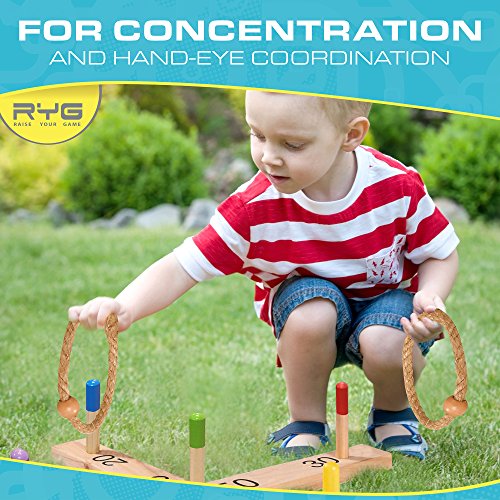 RYG Wooden Ring Toss Game Set, Durable Wood Base, 5 Wood Pegs, 5 Rope Rings, Portable Indoor And Outdoor Family Quoits Games, Suitable For Kids & Adults - Have Fun Now!