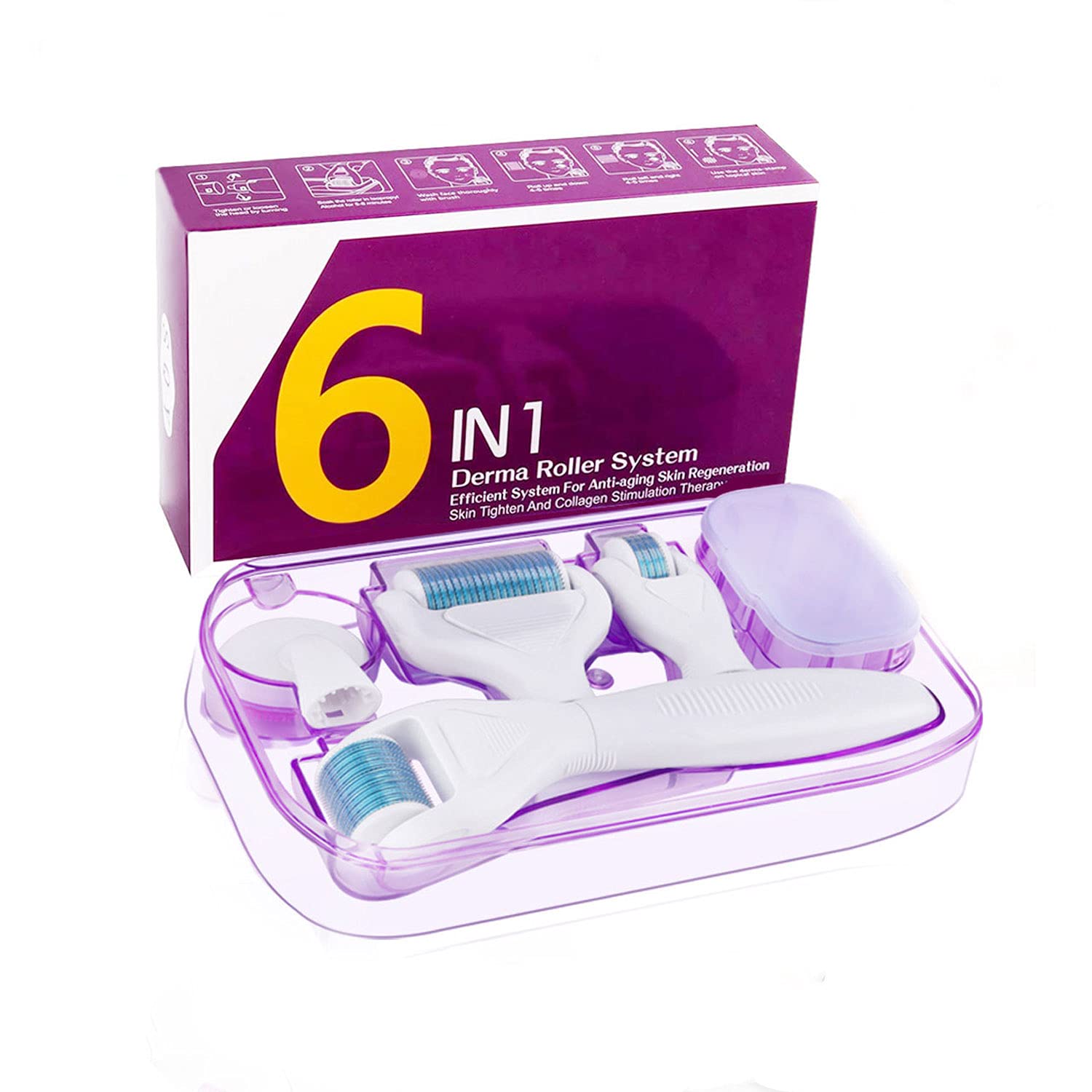 Derma Roller, Winpok 6 IN 1 Dermaroller Kit Titanium Microneedling Dermaroller For Face And Body 0.25mm 12/350/700/1200 Cosmetic Needing Instrument Face Roller With Storage Case (blue)