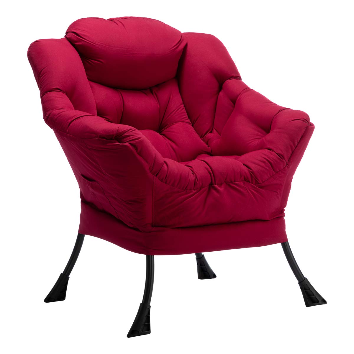 HollyHOME Modern Velvet Fabric Lazy Chair, Accent Contemporary Lounge Chair, Single Steel Frame Leisure Sofa Chair with Armrests and A Side Pocket, Thick Padded Back, Burgundy