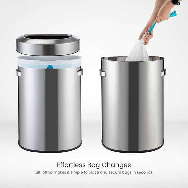 HOME ZONE LIVING 18 GALLON OPEN TOP TRASH CAN FOR COMMERCIAL AND OFFICE USE, SEMI-ROUND FLAT BACK DESIGN, SILVER, 68 LITERS
