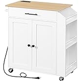 HOOBRO Kitchen Island with Power Outlet, Kitchen Storage Island with Spice Rack and Drawer, Rolling Kitchen on Wheels, for Home, Dining Room, Natural and White WN82UZD01G1