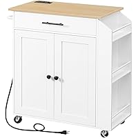 HOOBRO Kitchen Island with Power Outlet, Kitchen Storage Island with Spice Rack and Drawer, Rolling Kitchen Cart on Wheels, f