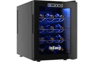 IsEasy Wine Cooler Refrigerator 12 Bottle Mini Wine Fridge Freestanding For Red, White, Champagne Wine Cellar with 46F-66F Digital Temperature Control, Double-Layer Tempered Glass Door