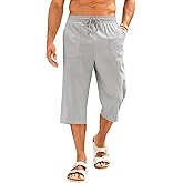 PASLTER Men's Linen Capri Pants Casual Lightweight 3/4 Pants Elastic Waist Drawstring Beach Yoga Shorts with Pockets