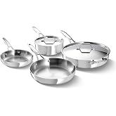 Calphalon Premier Polished 5-Ply Stainless Steel Cookware Set w/Turbo Heat Tech 6 Piece Includes Frying Pans, Pots and Pans Set, Induction, Oven Safe 500F, PFOA Free, Polished Stainless Silver