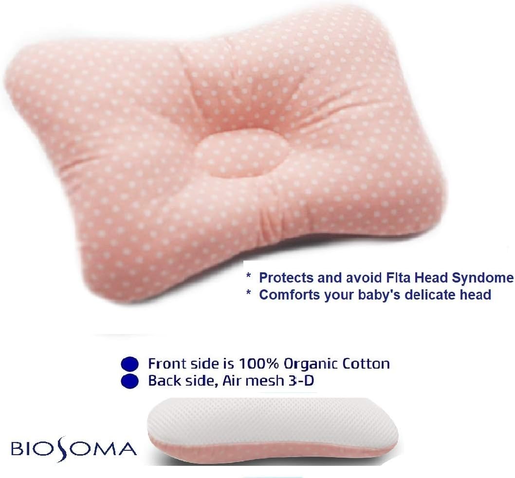 Biosoma Baby Pillow Head Shaping Pillow for Newborn. Prevents Flat Head Syndrome & Breathable 3D- Air Mesh Cotton Fabric. Head Shaping & Neck Support. Pink.