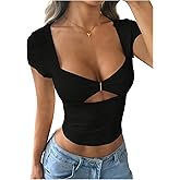 Milumia Women's Sexy Cut Out Cap Sleeve T Shirt Sweetheart Neck Fitted Going Out Crop Tops