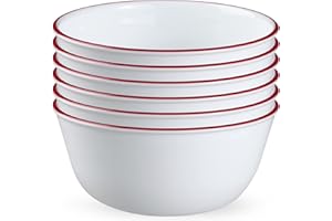 Corelle Vitrelle Glass 6-PC Bowls Set, for Soup Cereal & Dessert, Chip-Resistant & Lightweight Bowl Dinnerware Set, Red Bande