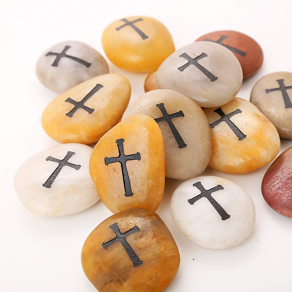 ROCKIMPACT 24 Pcs Engraved Cross Worry Stones for Pray Faith Memorial Stones Smooth Polished Natural River Rock Baptism Christening Holy Communion Gift Wholesale Value (2-3 Inches Each, Set of 24)